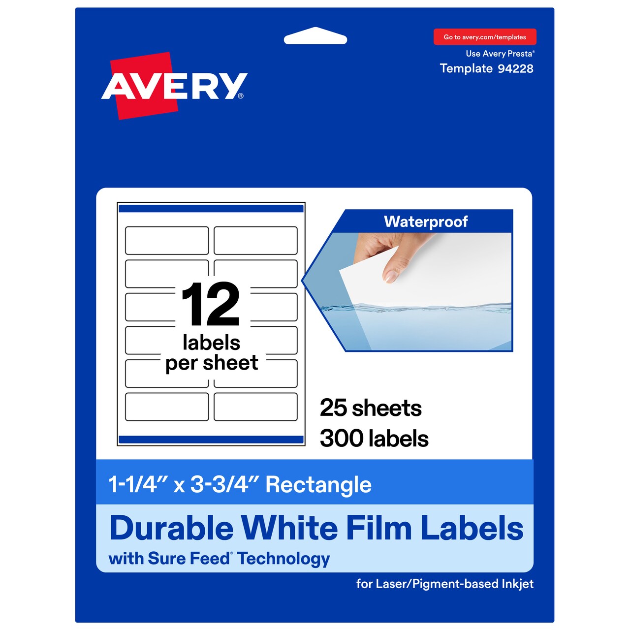 Avery Durable Waterproof Rectangle Labels with Sure Feed, 1.25" x 3.75"